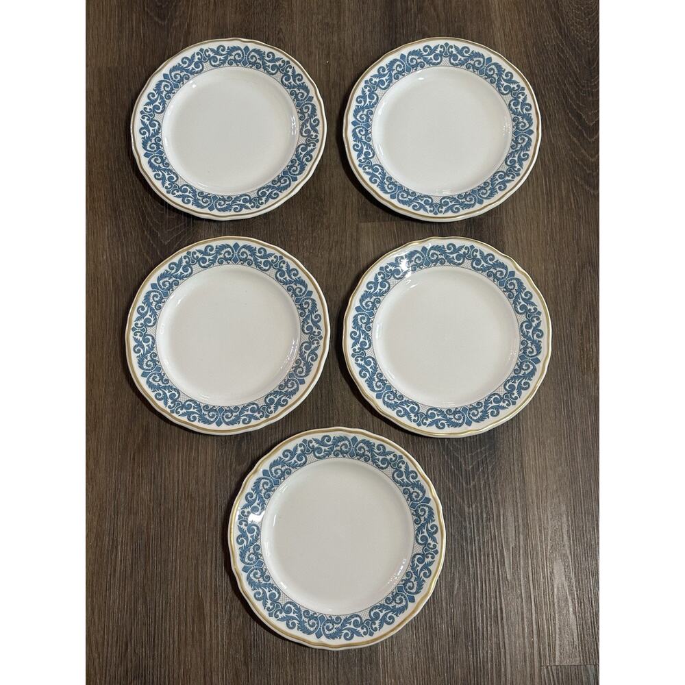 Vtg Shenango China Restaurant Ware 5 Dinner Plates Blue Scroll Gold Trim 9"